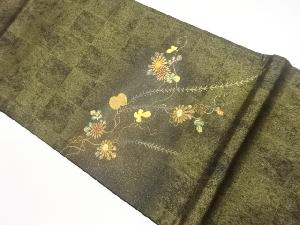 金彩手描き螺鈿市松に草花模様袋帯